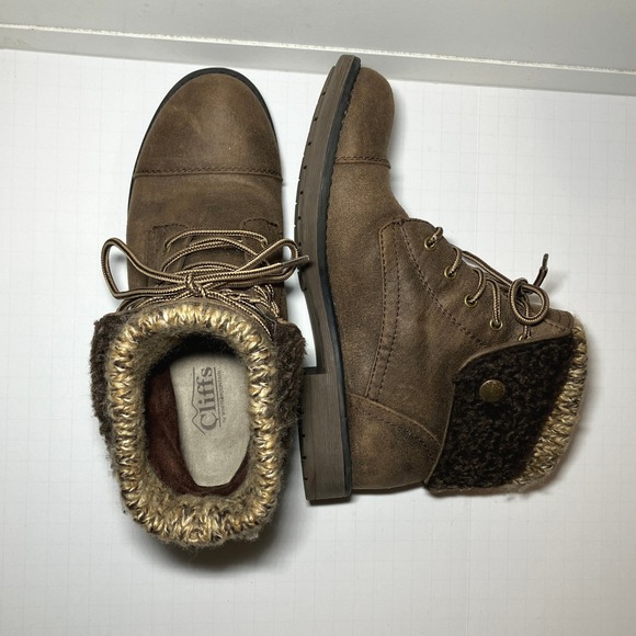 Cliffs by WHITE MOUNTAIN Shoes - Cliffs by White Mountain Women's Brown Faux Suede Knit Cuff Lace Up Boots Sz 6.5